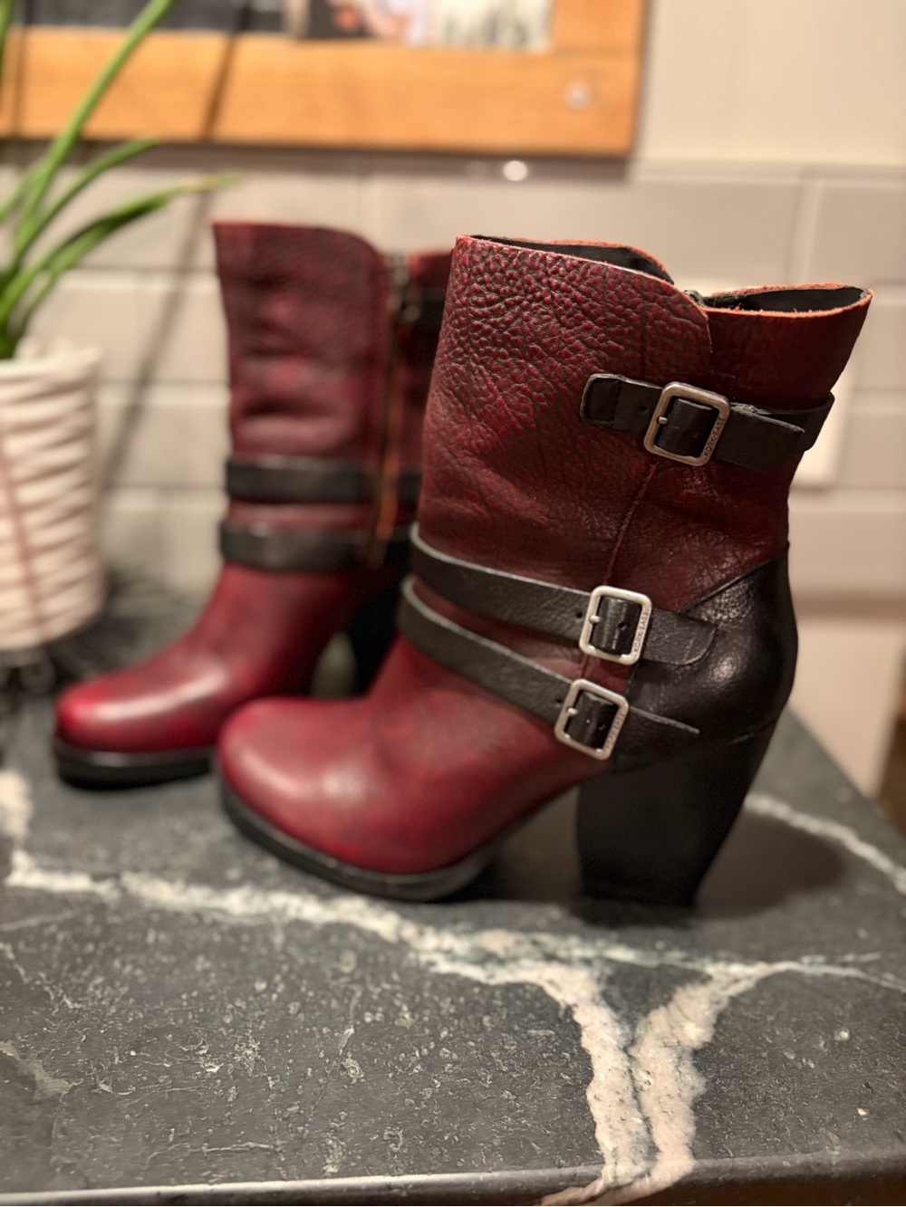 Kork-Ease Red Leather Buckle Ankle Boots